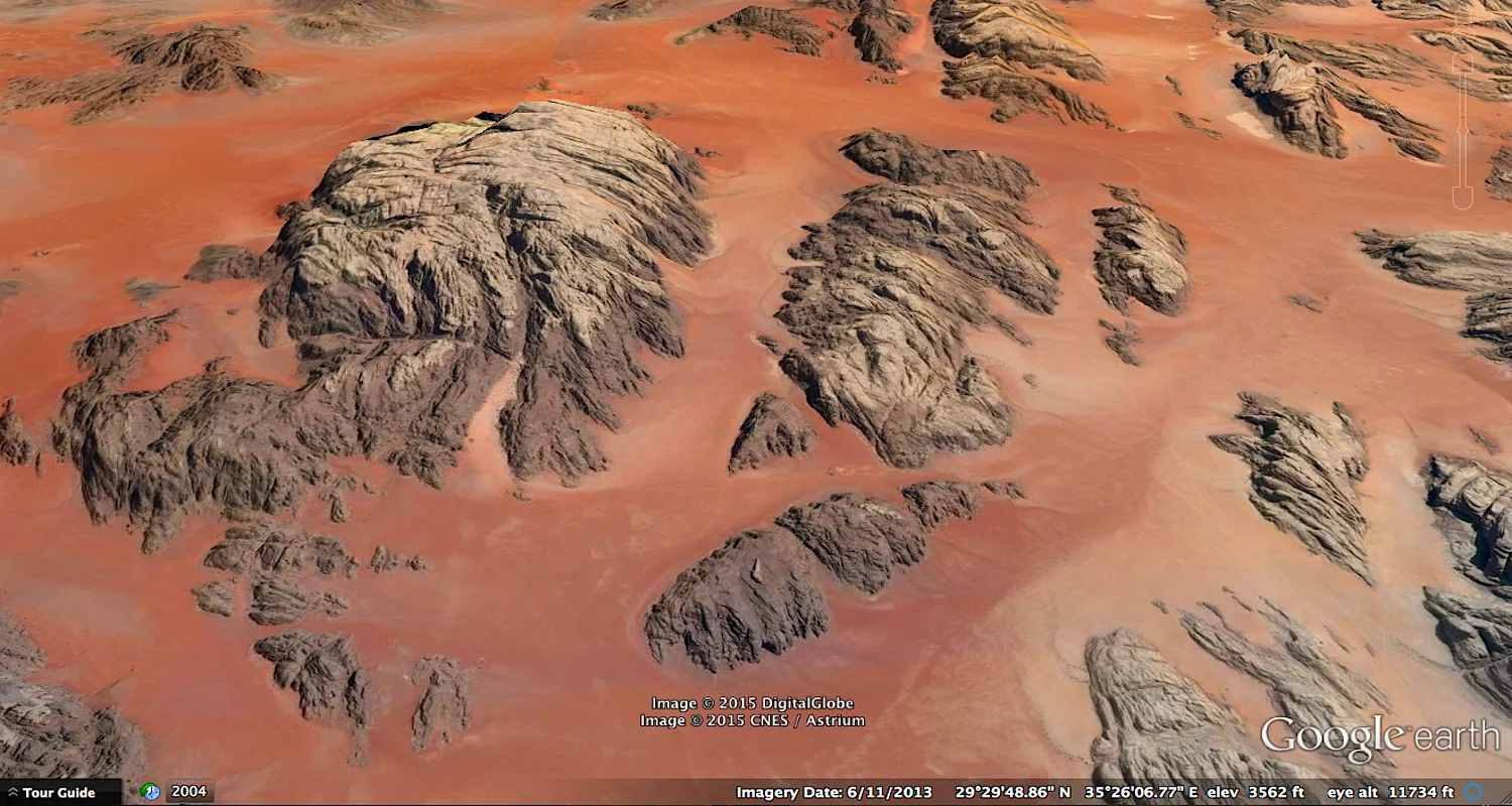 Ridley Scott’s “red planet” can be visited by means of Google Earth. It is located directly east of the northern tip of the Gulf of Aqaba. To view, plug in these coordinates: 29 34 48 N, 35 25 23 E. Image courtesy of Google Earth.