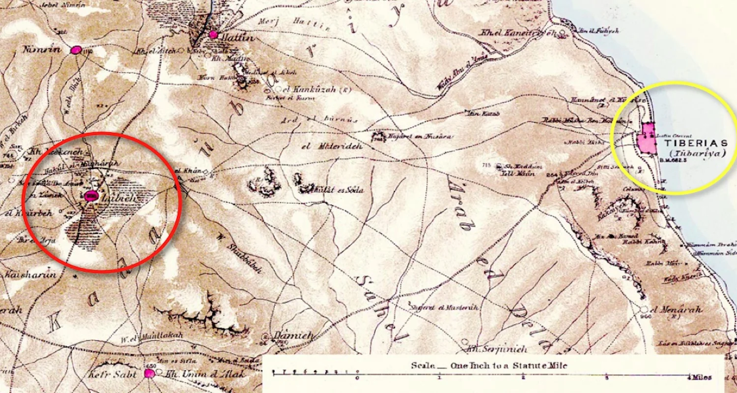 Detail from the late 19th century Conder-Kitchener Survey of Western Palestine. Lubya is inside the red circle, Tiberias is inside the yellow circle. The Sea of Galilee is to the right.
