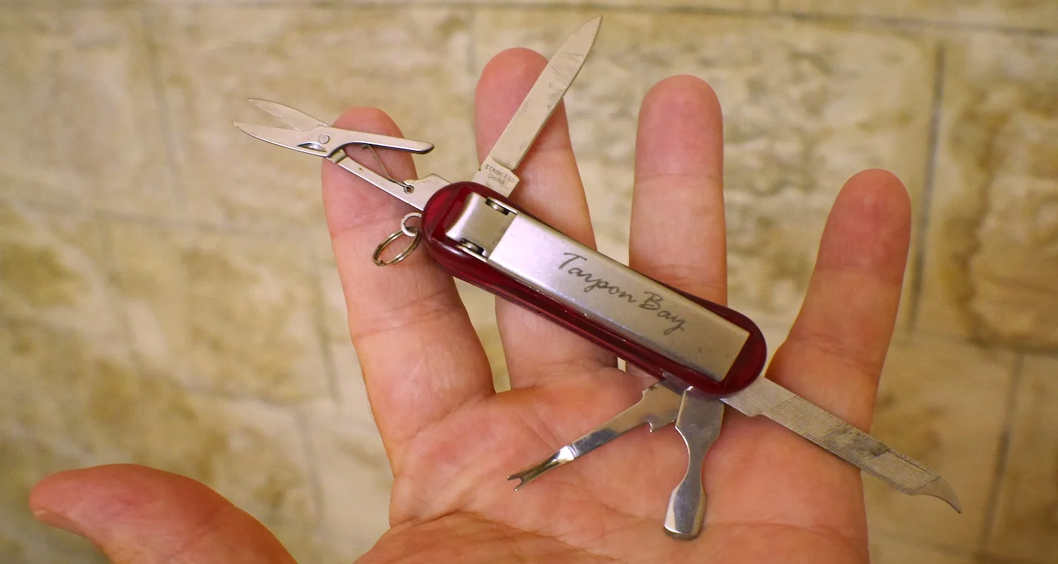 A handy multitool is nice to have. This is a three dollar special I picked up somewhere. The knife is worthless, but I use it the least.