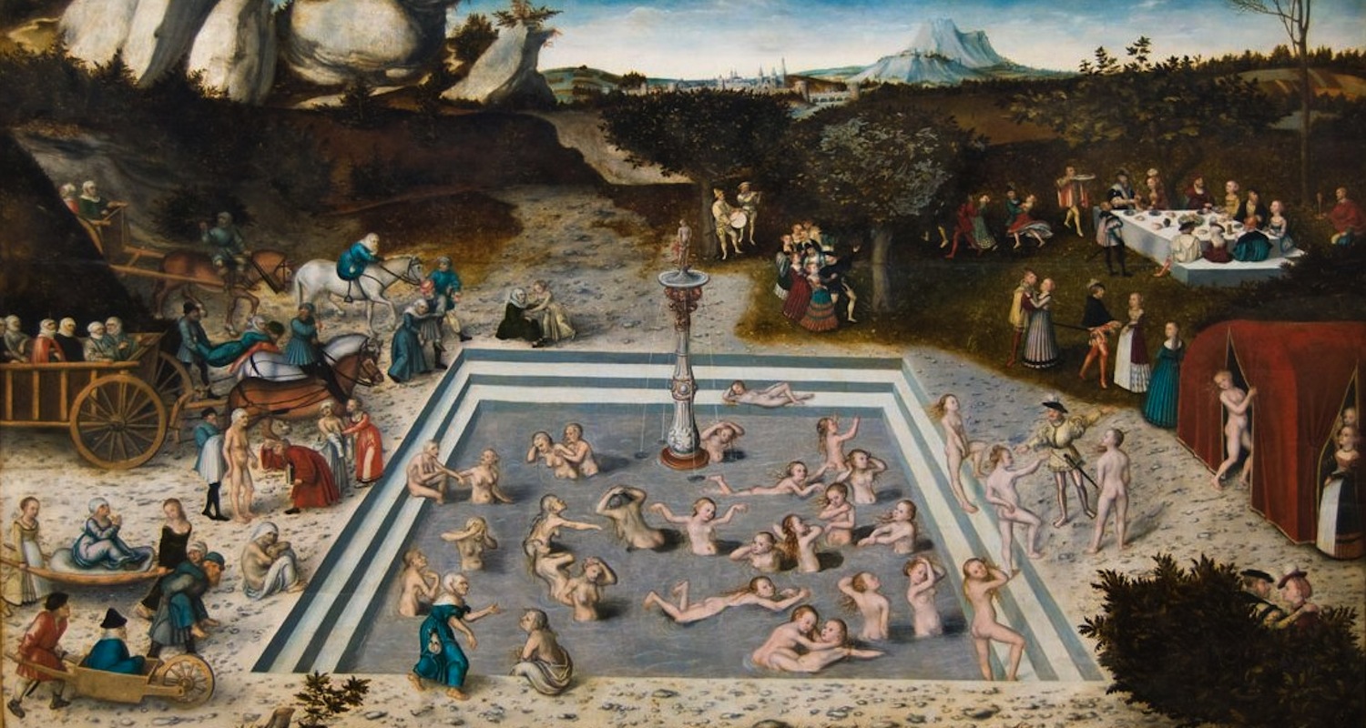 Lucas Cranach the Elder's "The Fountain of Youth" (1546). The fountain stands in the center of squared pool that somehow resembles a miqveh ! Note the physical transformation of figures as they move from left to right. Pay no attention to the lovers in the bushes in the lower right. Image from here. 