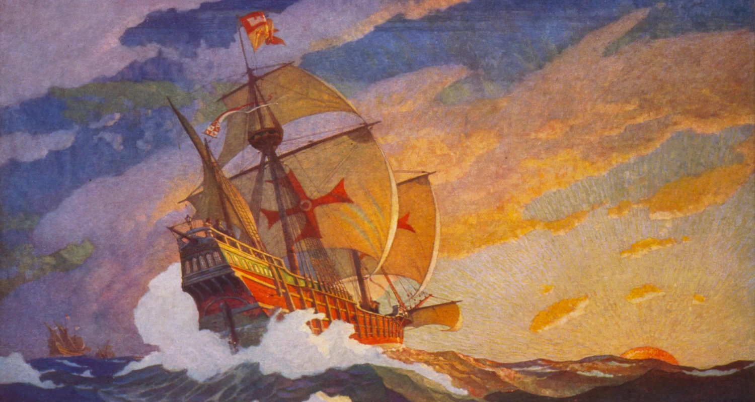 Every romantic must love the illustrations of N. C. Wyeth. This is his "Ships of Christopher Columbus at sea" (1927). Image from here.