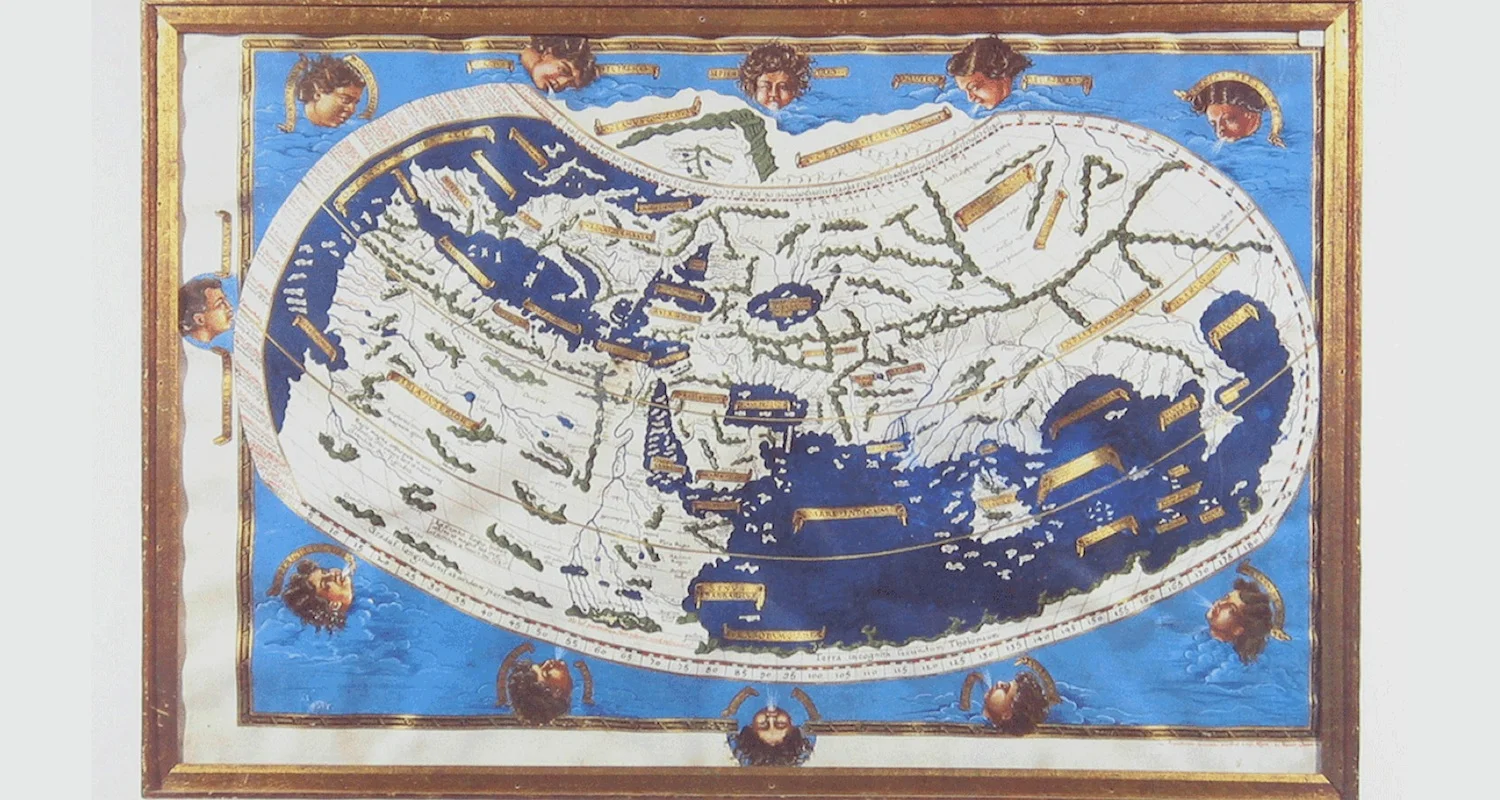 A mappamundi ("world map") drawn according to the instructions of Strabo (a first century contemporary of Jesus). Note how the known world consists of a single landmass that stretches from the Iberian to the Indian peninsulas. Ideas of the classicists such as Strabo and Ptolemy continued to exert force into the medieval period. This map represents the "state of the art" when Columbus was contemplating his voyage. Image from here .