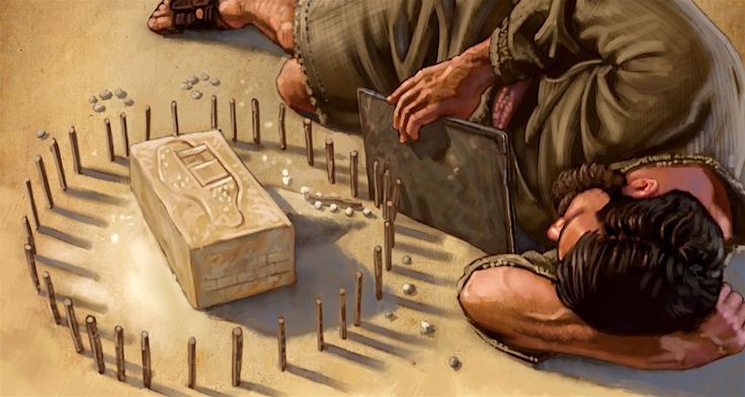Ezekiel on edge. The iron pan separates him from his little model of a besieged Jerusalem. Image from here.