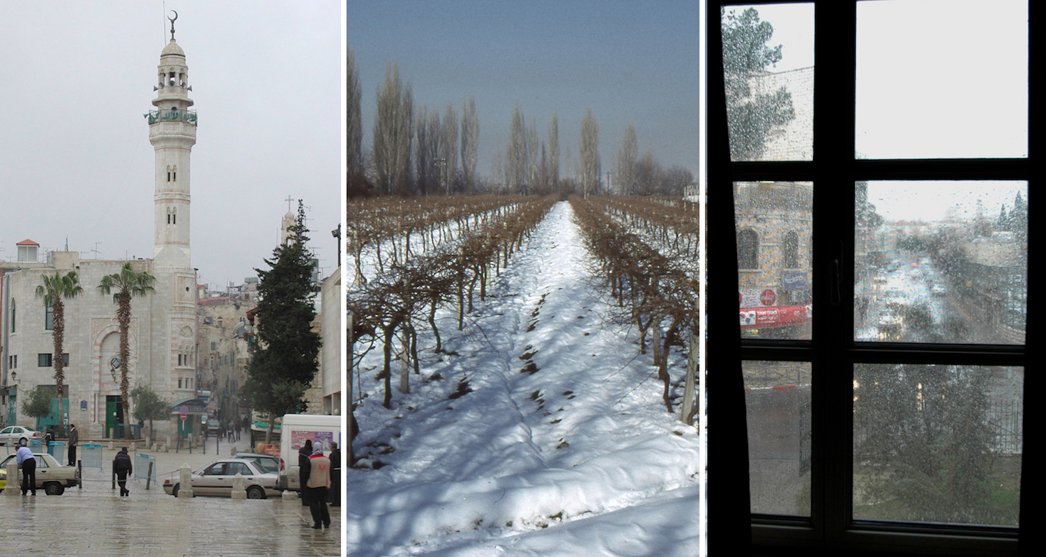 From left to right: A cold rain falls on Manger Square in Bethlehem, Palestine; A carpet of snow melts near Pamukkale, Turkey; Raindrops accumulate on a window looking overlooking Salah ed-Din Street, Jerusalem.