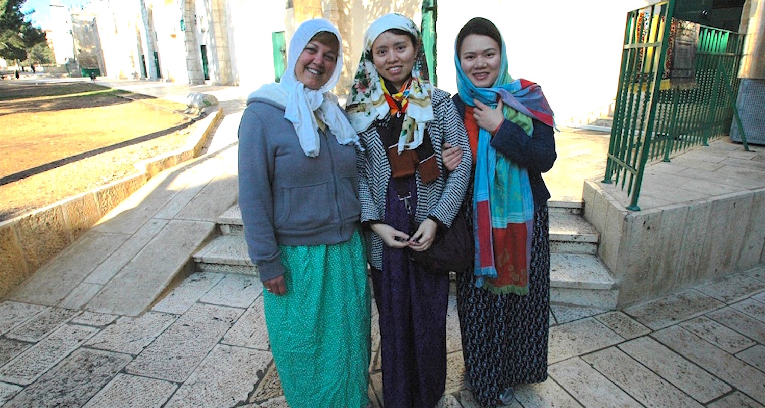 Three ladies looking marvelously modest on a cold winter day in Jerusalem. Note the scarfwork. Yup, that’s Vicki on the left.