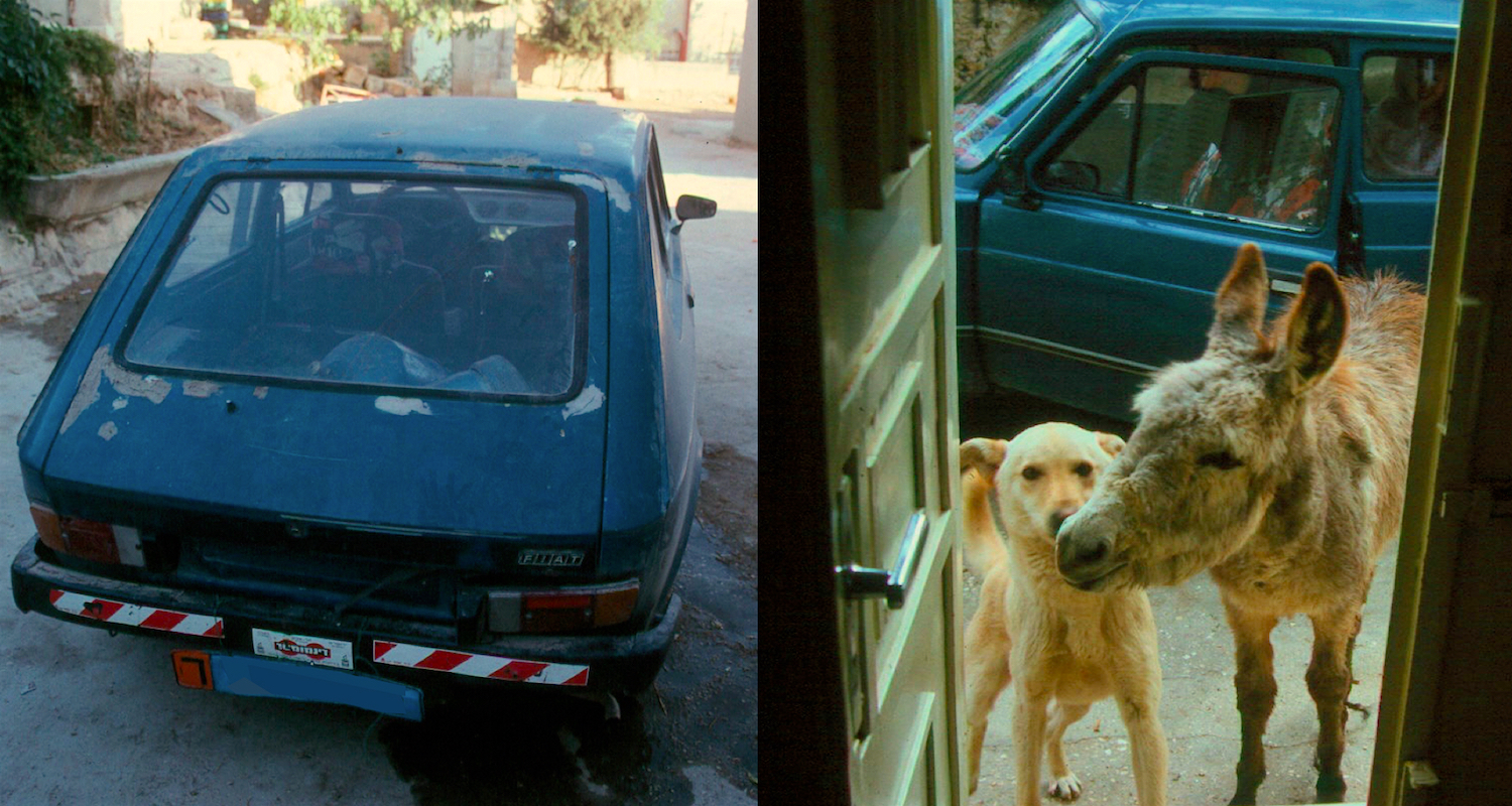 Left: The hot garish ride was discovered sporting blue tags after our period of "ownership" was over. Right: Two of our favorite friends come for a visit. That is Yeller and Donkey Dan in the front door to our flat. Note the colorful seat covers inside the Fiat.