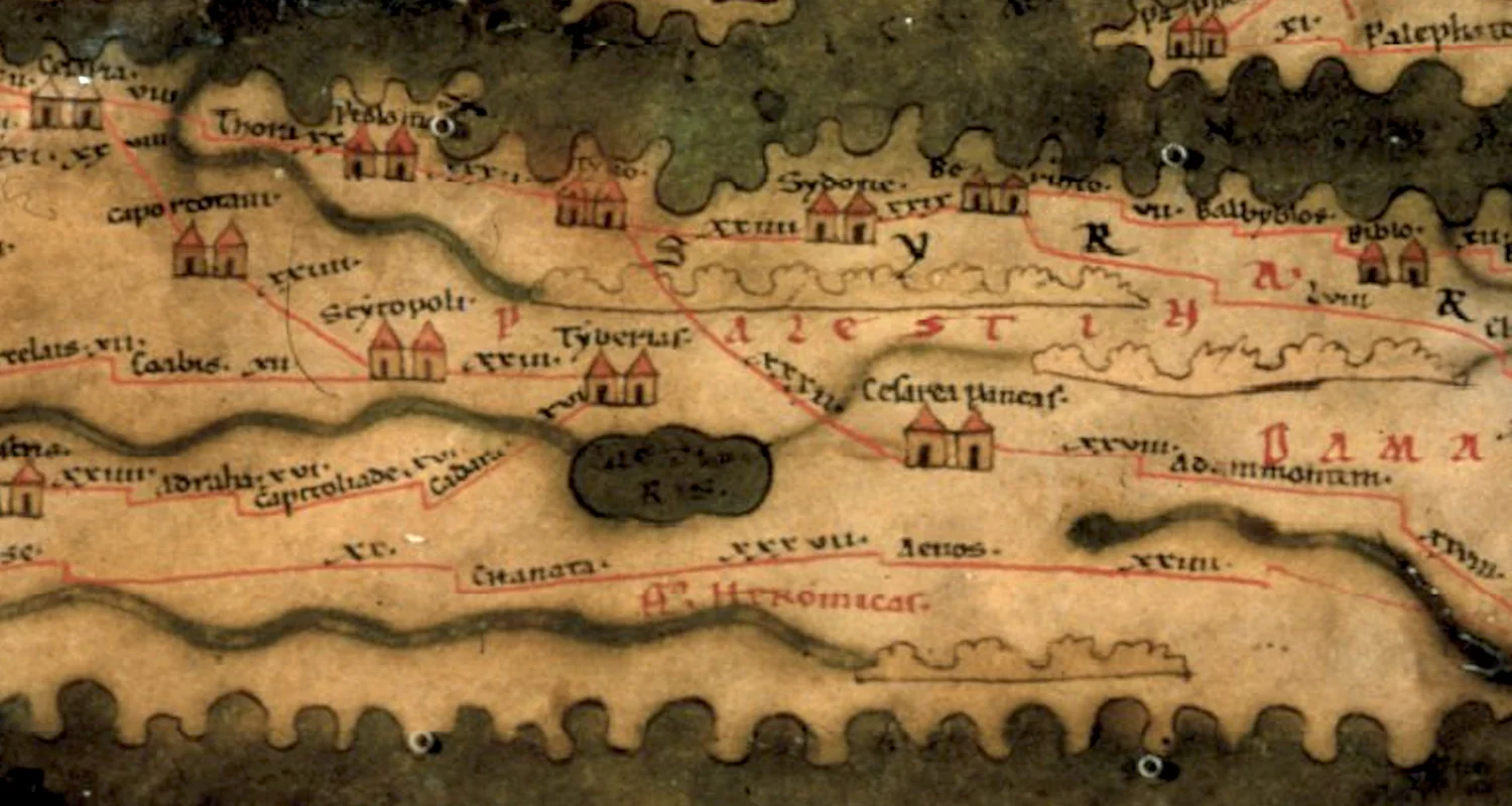 Detail from the Peutinger Map showing the area of Galilee. The map is east-oriented, so the Mediterranean Sea is at the top. The dark circle in the middle is labeled "La(cus) tyberias," indicating the Sea of Galilee. The red lines represent Roman roads. This map was produced in 1507 but was based upon a Roman military map of the 4th century. It draws its name from its discoverer. See here to find this image and a viewer for the entire map. Our journey followed a segment of the larger Roman road network in the region.