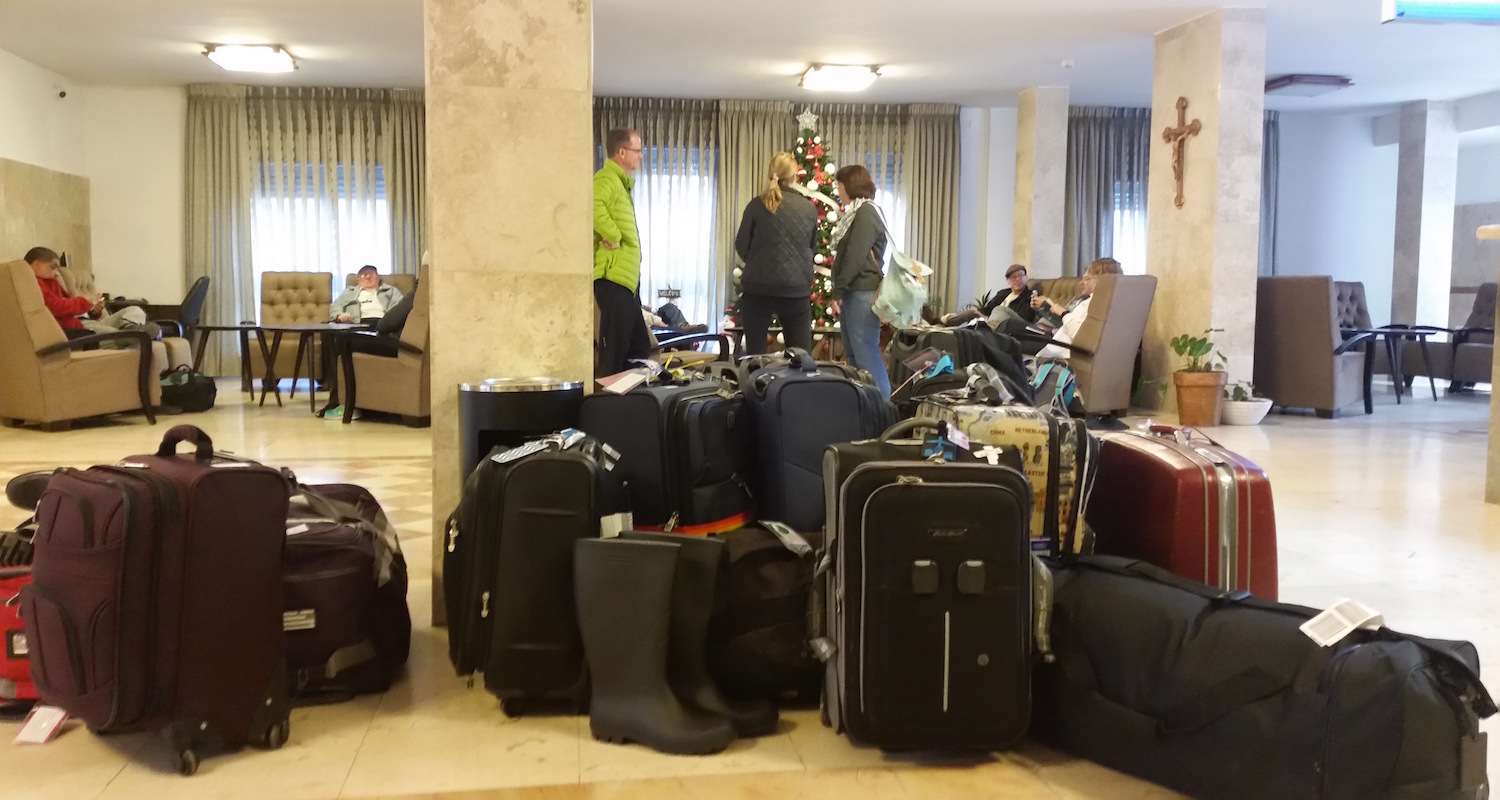 Packing to leave the Angel Hotel in Bethlehem.