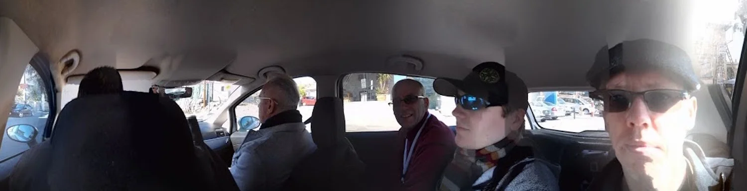 In the car. Left to right: George, Rick, Mike, James, and me.