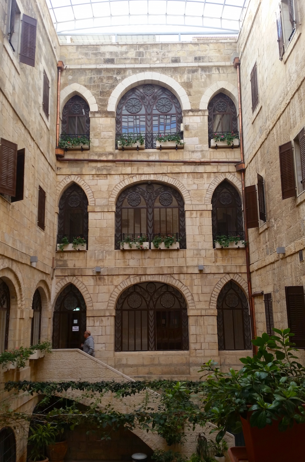 A marvelous courtyard is open to the sky inside Jerusalem's Casa Nova.