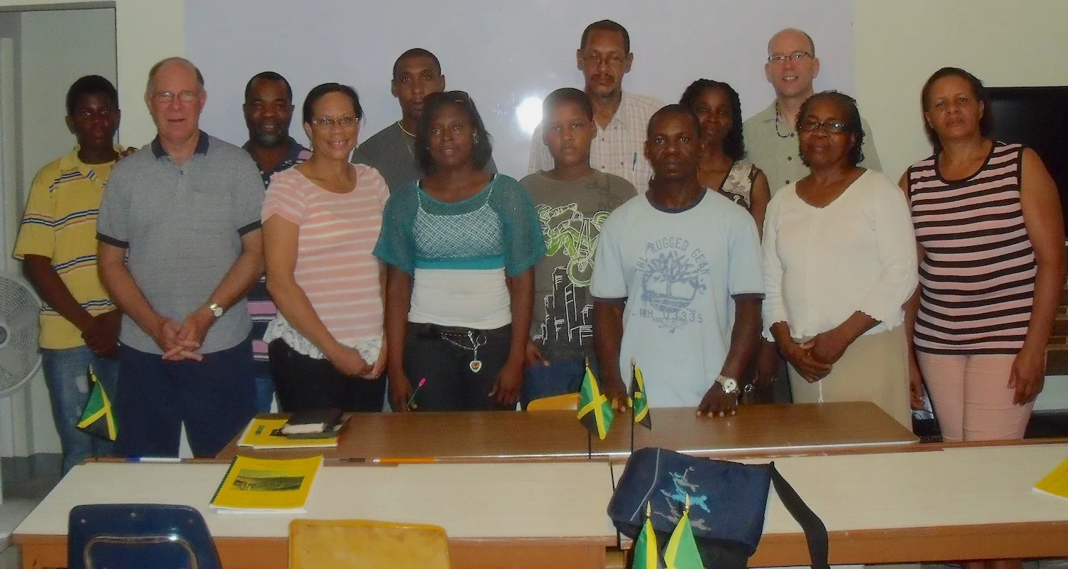 Mike (back row, right) and members of one of his classes at the Jamaica Bible Seminary.