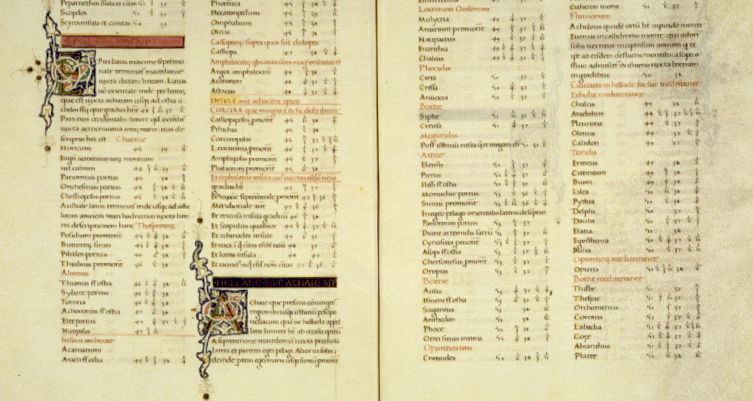 Two pages of Ptolemy's Geographical Guidance translated into Latin by Jacopo d'Angelo da Scarperia, ca. 1470. Image available here.