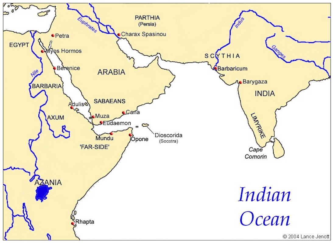 Map of places associated with the Indian Ocean in the Roman Period. This image may be found here.