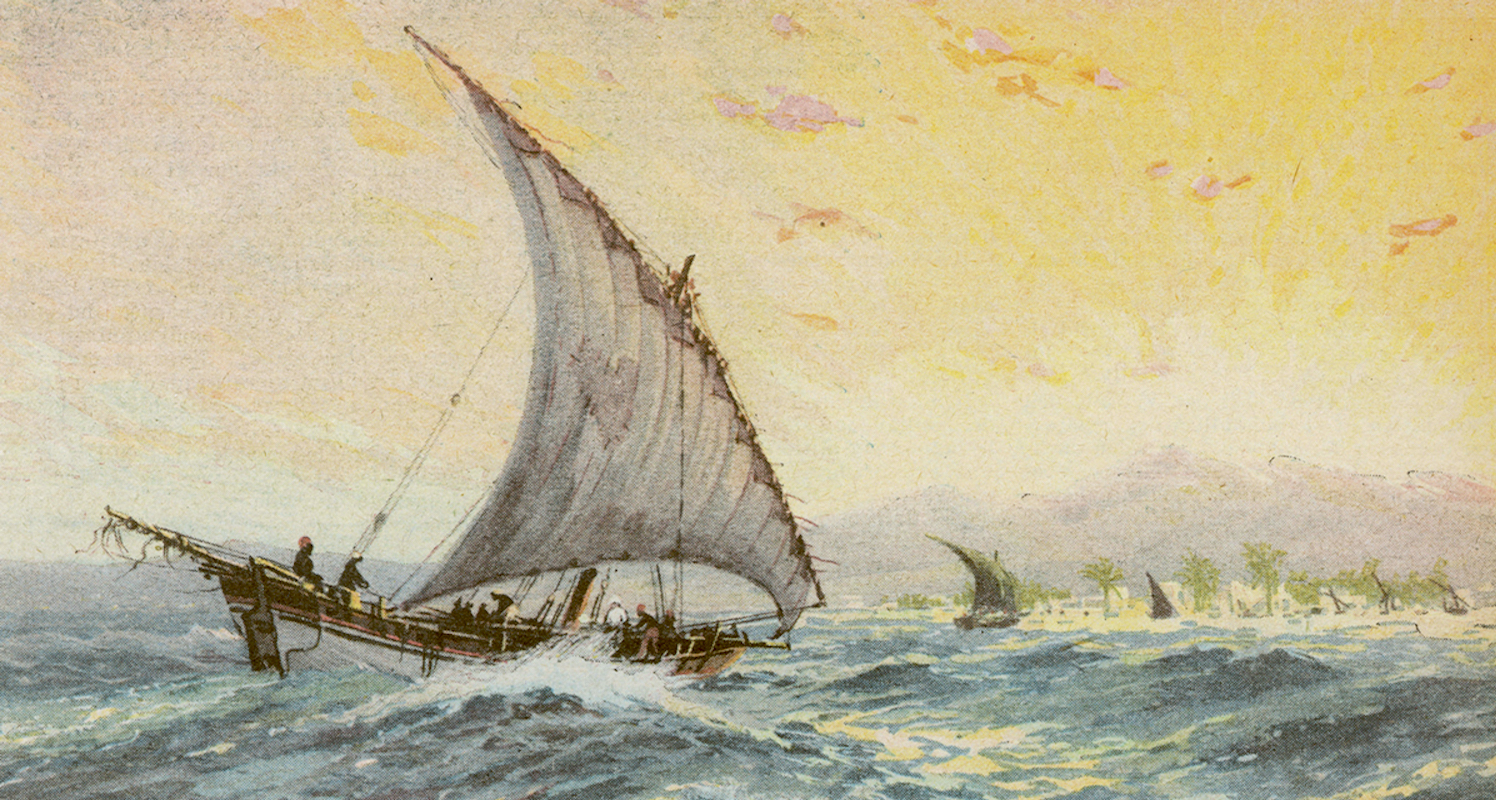 A dhow sails along the East African coast. Image from here.
