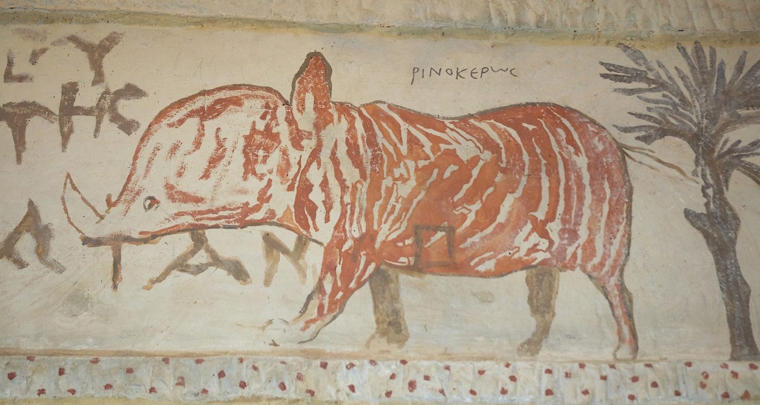This depiction of a rhinoceros adorns the Hellenistic era Tomb of Apollophanaes at the site of Beth Guvrin (Eleuthropolis) in Israel-Palestine. It is unlikely that the artist ever saw a rhino with his own eyes, but I think he did a lovely job, don't you?