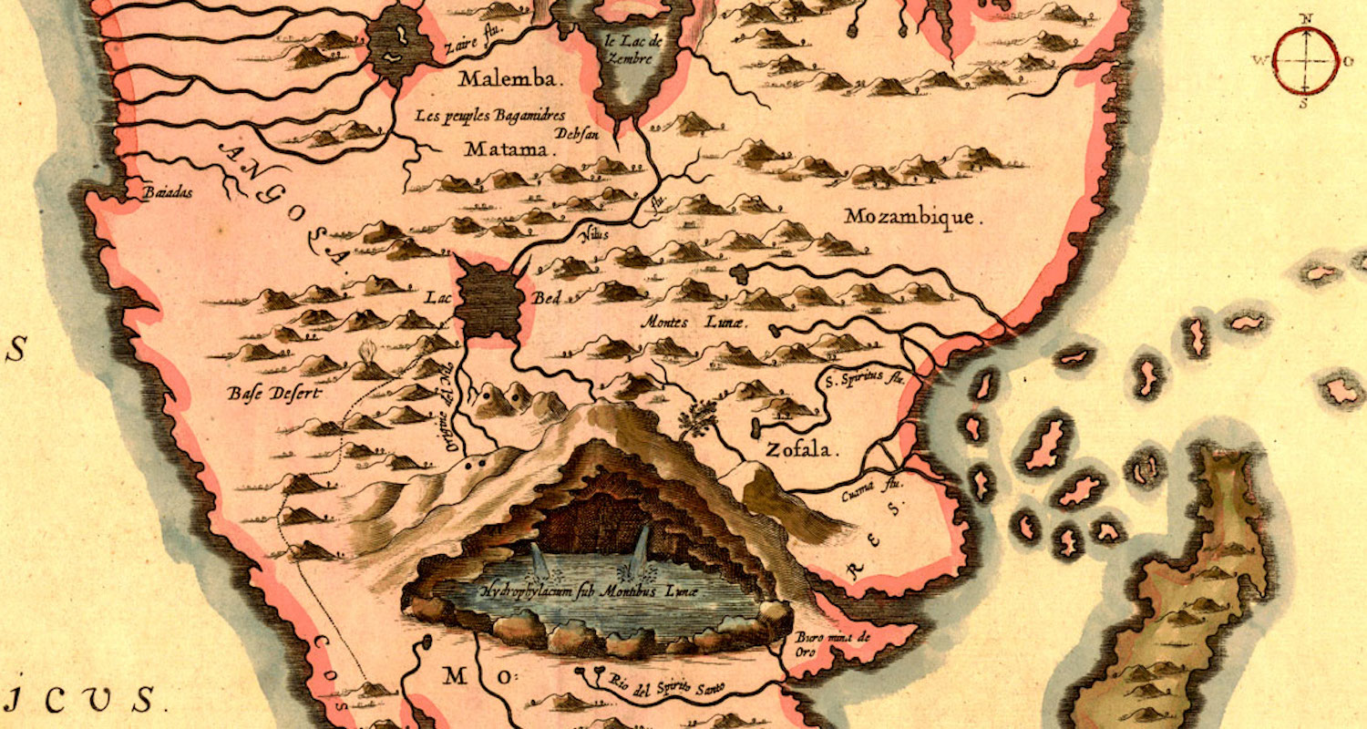 Image from Athanasius Kircher's 1655 map identifying the source of the Nile in a clever cut-away view of Africa. The river flows out from under the Mountains of the Moon and through Ethiopian lakes. Image from here.