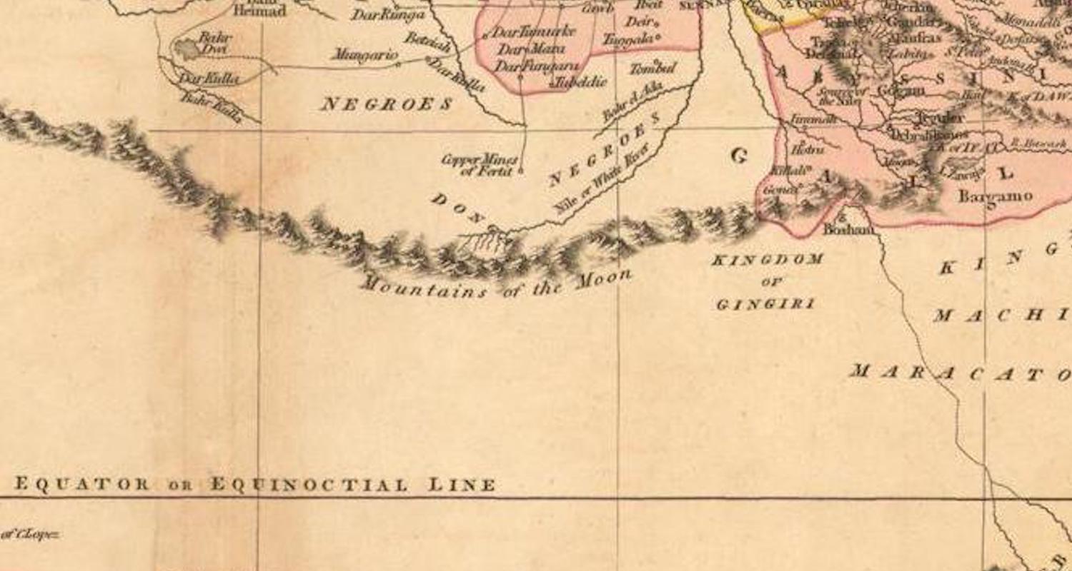 Detail from the map of John Cary, A New Map of Africa (1805). Note the "Mountains of the Moon" running through the center of the image. These marked the curtain of western knowledge up to the 19th century.