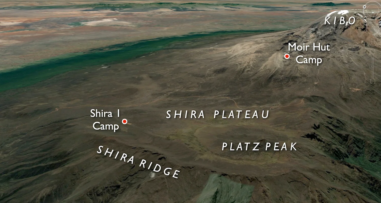 Map courtesy of Google Earth. Note the cone in the center of Shira's ancient caldera. Some call it Platz Peak.