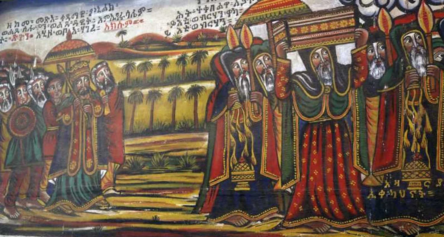 Menelik I carries the Ark of the Covenant back to Ethiopia. This picture is on display in Ethnological Museum in Addis Ababa. Digital image found here. 