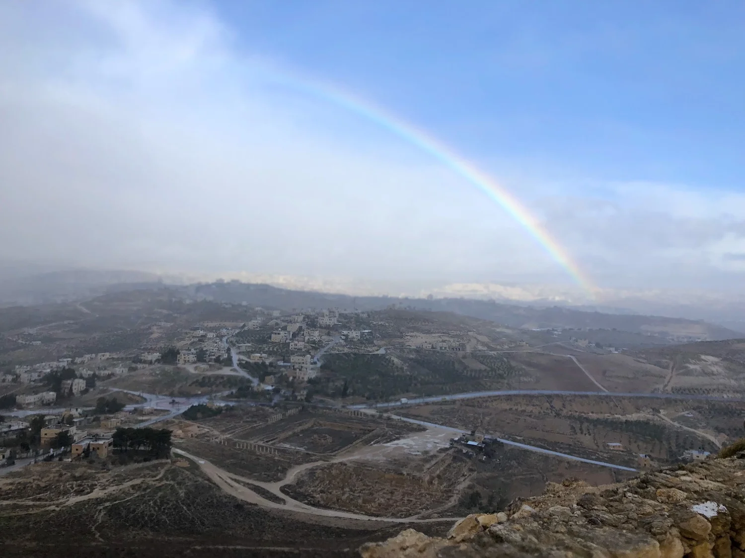 Fierce rain was followed by sun. The exchange created a rainbow over Bethlehem. Photo by Bible Land Explorer Jay Hess.