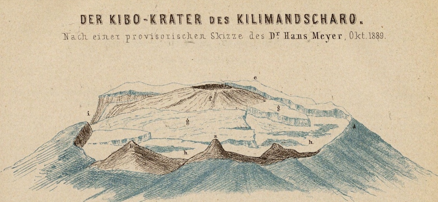 Drawing of the Kilimanjaro's crater published in Hans Meyer's publication, Der Kibo-Krater des Kilimandscharo (1890). Image available here.