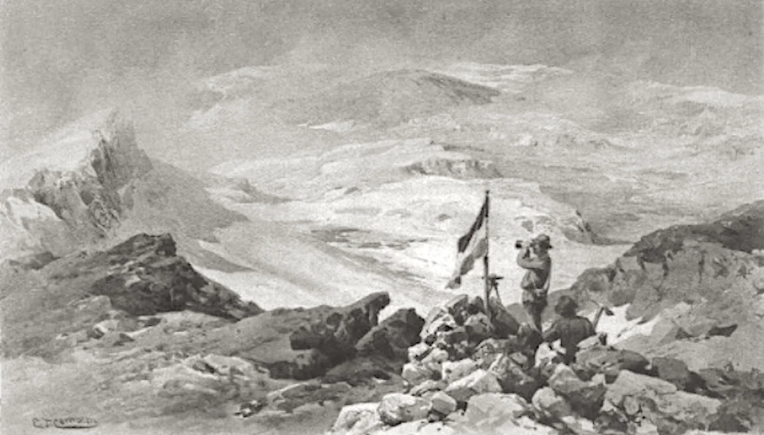 Hans Meyer is depicted in this image titled, "Der krater des Kibo." Illustration from an online edition of Across East African Glaciers: An Account of the First Ascent of Kilimanjaro (George Philip & Son, 1891). Accessed here on 2/14/18.
