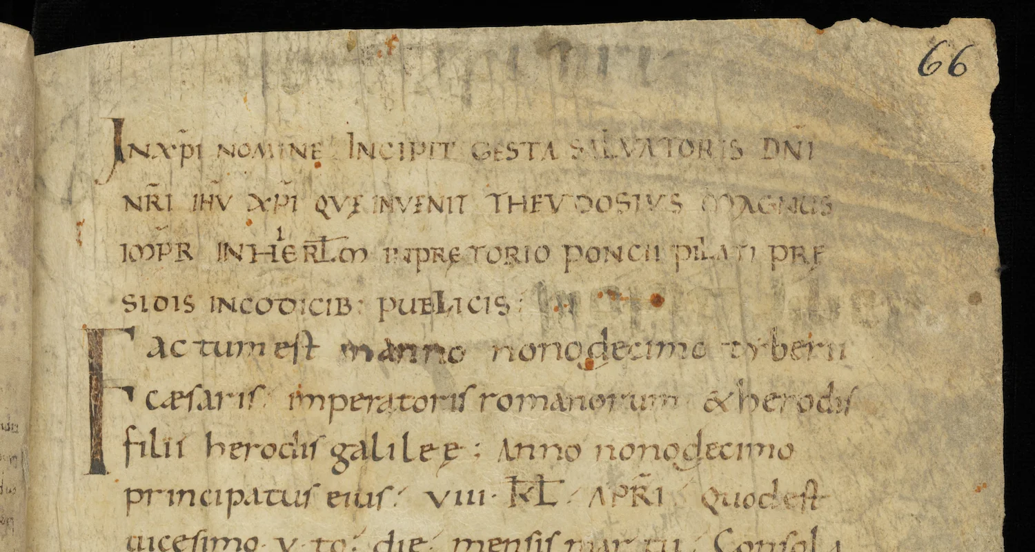 A page from the Gospel of Nicodemus. This apocryphal book names the "good thief." The original manuscript may be as early as the 4th century. Image from here.