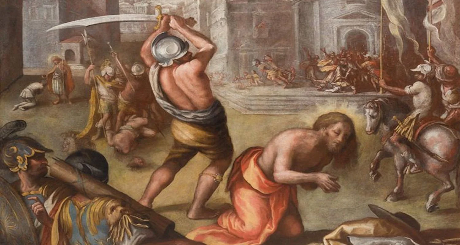 The beheading of James the Great. Notice below his hands is the floppy hat of the pilgrim. Image from here . Accessed 7/16/2018.