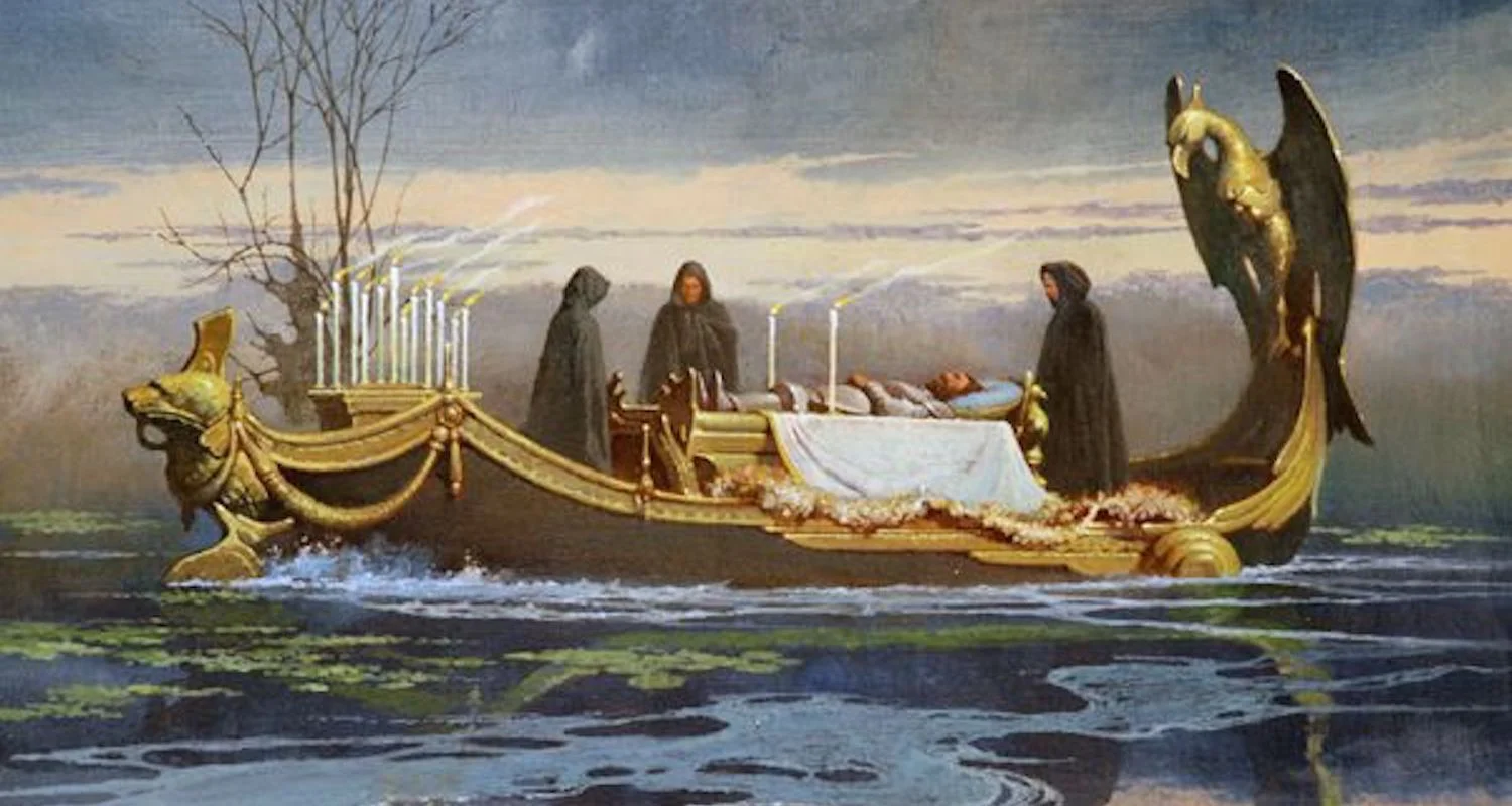 "Hove a dusky barge dark as a funeral scarf from stem to stern."** The death-journey of James the Great has the feel of a knightly romance. Once cannot read the story of his boat gliding pilotlessly across the sea without recalling scenes from Arthurian legends, the account of Elaine of Astolat, or even Tolkien's funeral scene of Boromir. This image was found here and accessed 7/26/2018.