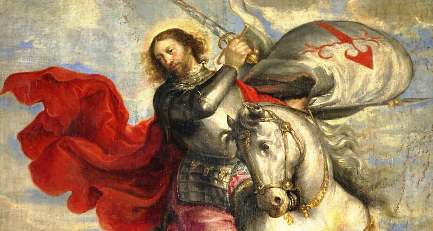 James strikes an aggressive pose with sleepy eyes. It is likely because the Spanish never sleep at night. Note the symbol of the russet cross on the billowing cloth. Detail from Francesco Camilo's El Apóstol Santiago a caballo o Santiago Matamoros (1649). Image available here (accessed 7/30/2018).