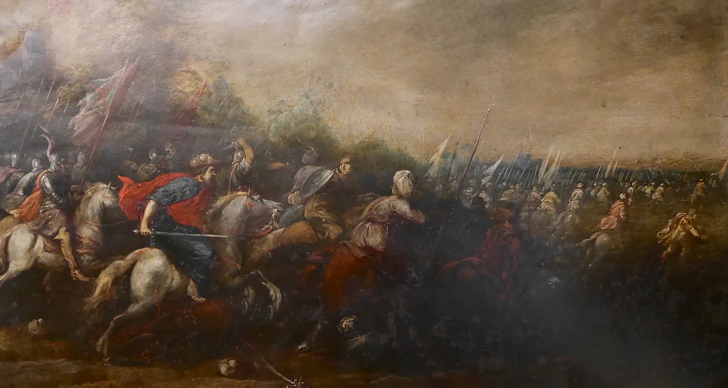 Saint James makes a surprise appearance at the Battle of Clavijo, 800 years after his death. Detail from painting on copper by Pedro Ruiz Zenzano (end of the 16th century). From display in the Santiago Museum of Pilgrimage.