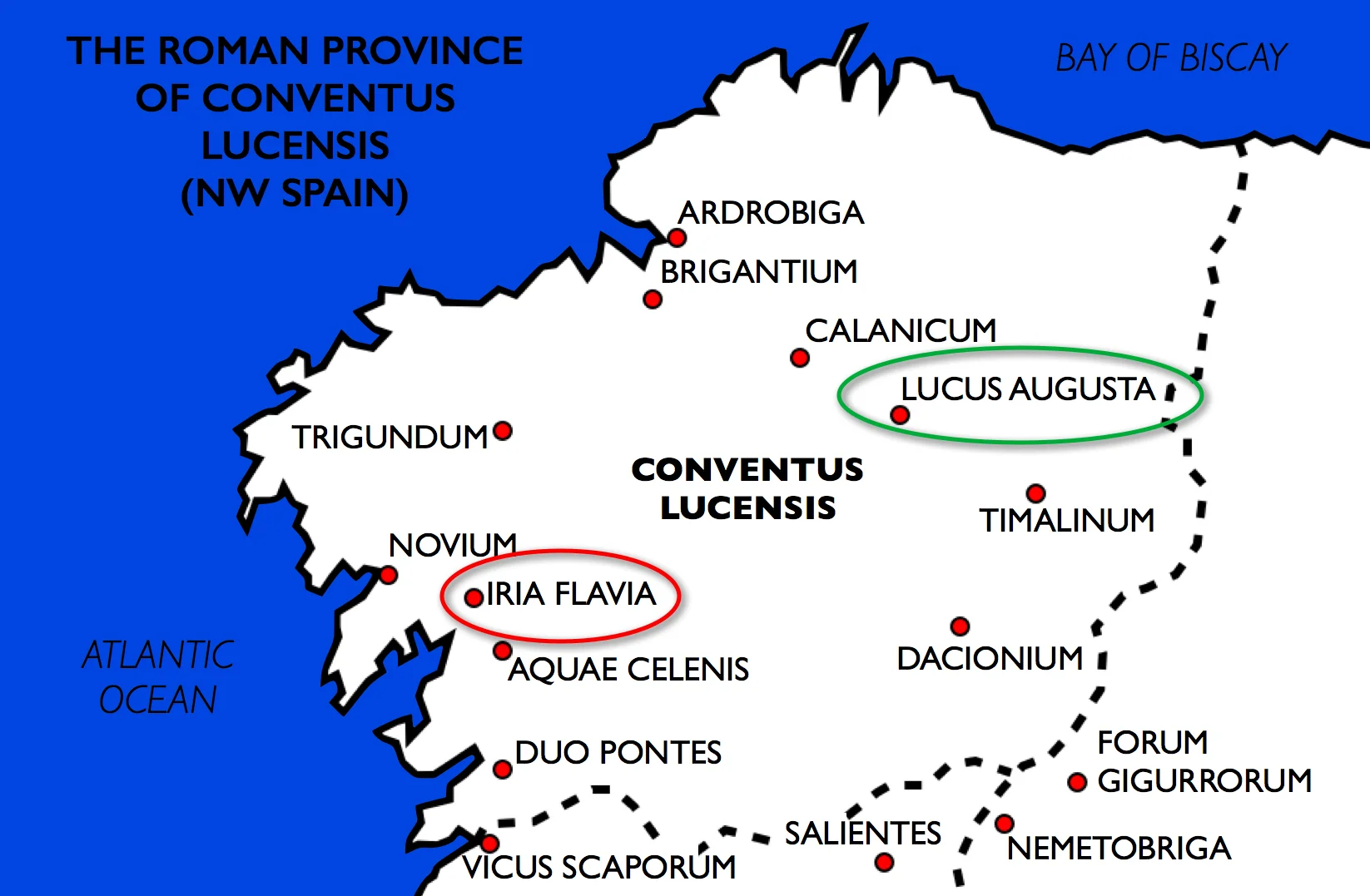 The Roman administrative district of Conventus Lucensis occupies the northwest corner of the Iberian peninsula. Lucus Augusta was the primary administrative center. Iria Flavia was an inland port resting at the confluence of navigable rivers.