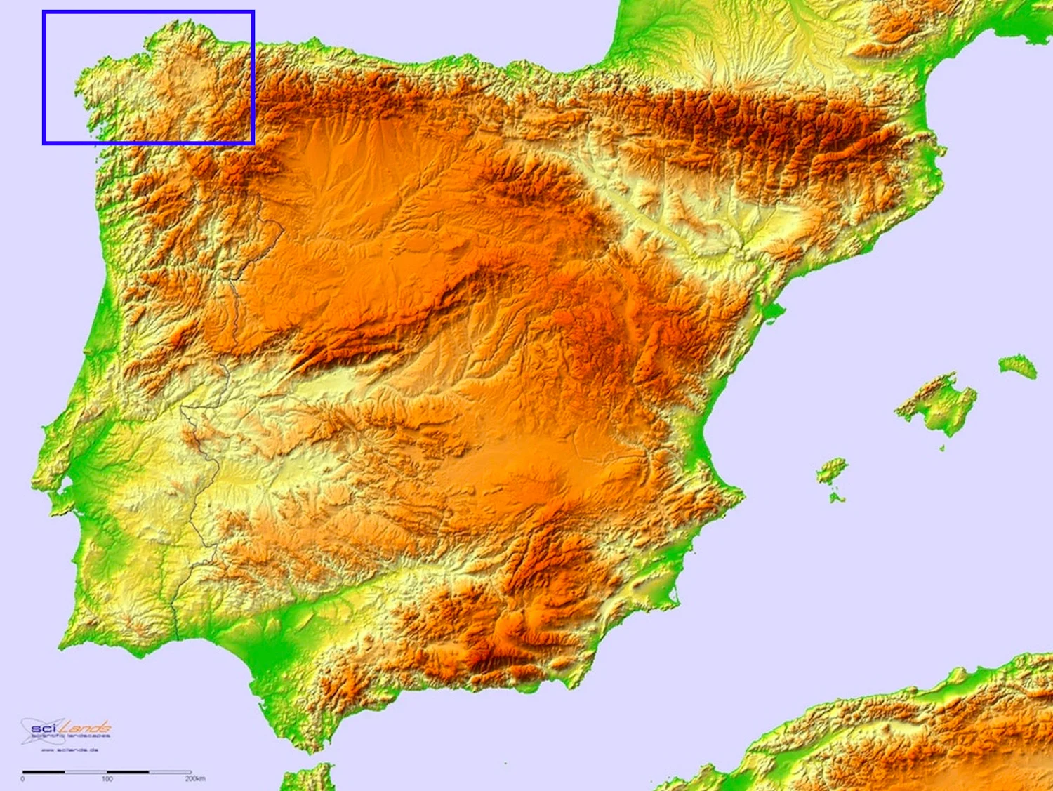 Topographic image of the Iberian Peninsula. The Roman administrative district of Conventus Lucensisarea is located in the area marked by the blue square. Original image from here (accessed 8/7/2018).