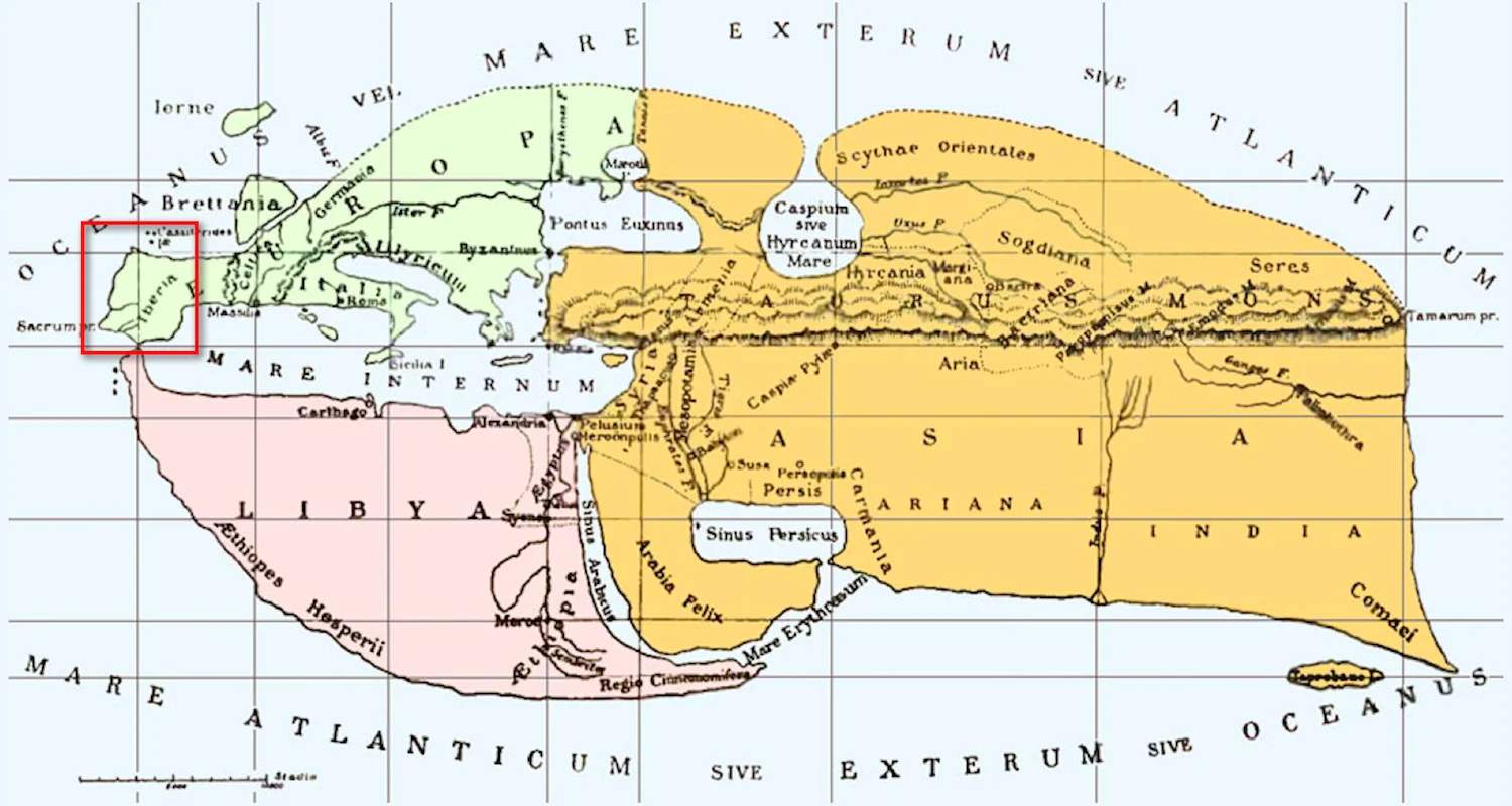 A map of the inhabited world (Gk oikumene)&nbsp;as envisioned in the first century by Strabo. The Iberian Peninsula is inside the red box. Image modified from original available in The Geography of Strabo I (Loeb Series 1917: frontpiece).