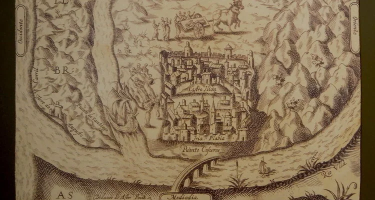 They buried James (or perhaps some of his relics?) near Iria Flavia,&nbsp;but as often happens, the spot was lost to memory and time. This copy of a print from 1610 shows the position of the community at the confluence of rivers. It also shows the b…
