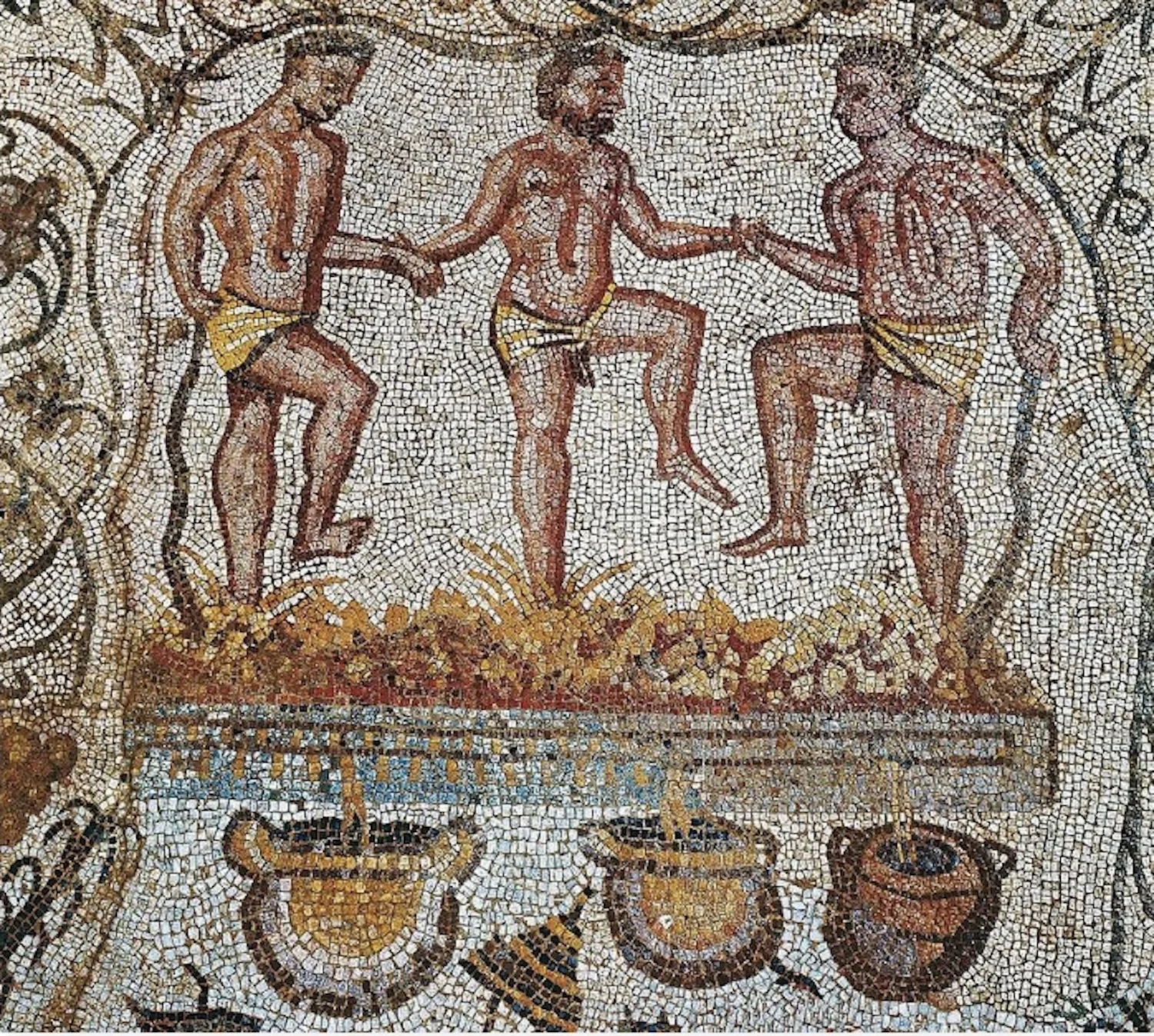 Three men tread grapes. This 2nd century AD mosaic is from the Amphitheatre House, Merida, Spain. It illustrates a part of the job of wine-making. Image from here (accessed 8/29/2018).