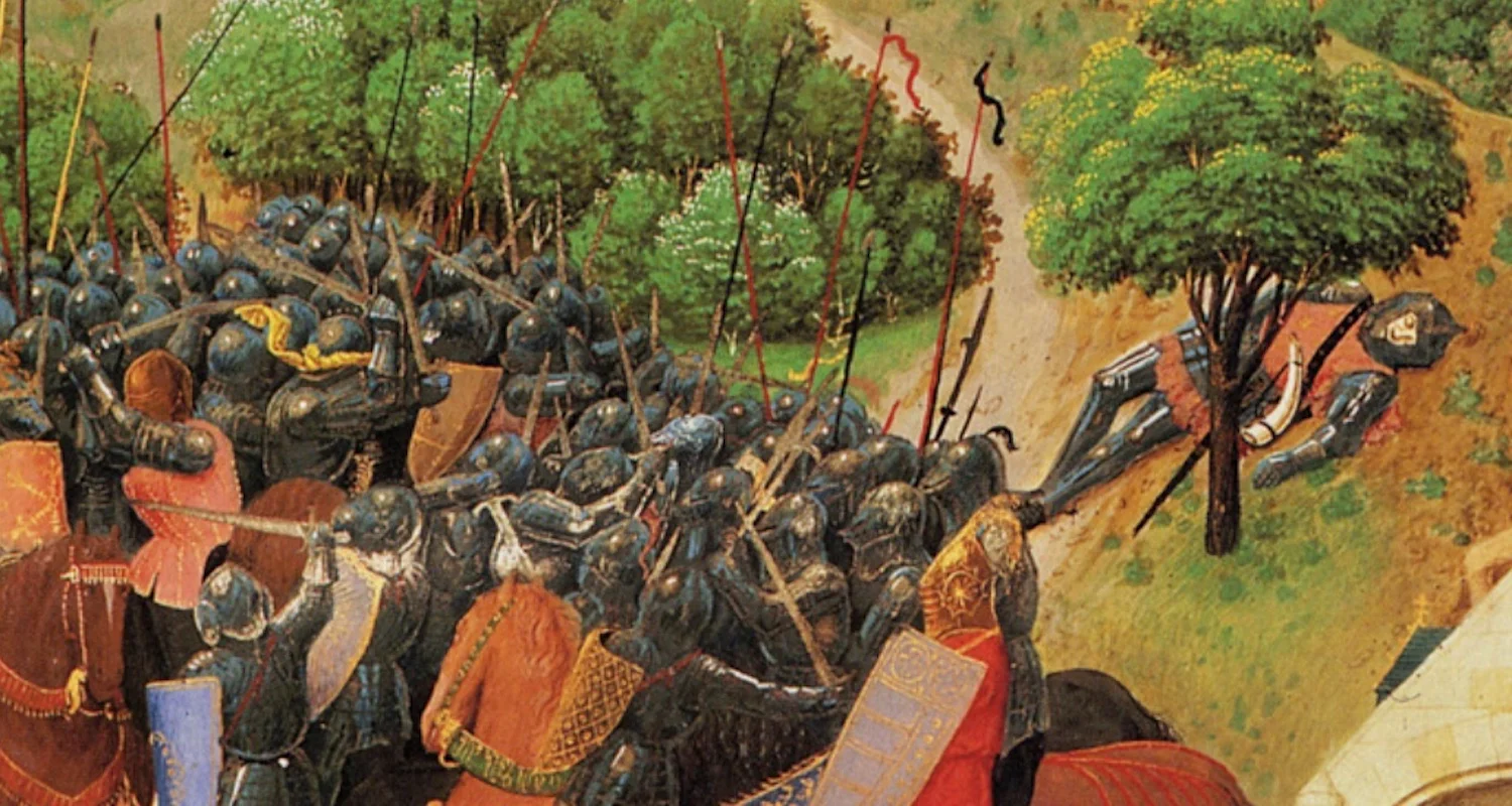 Detail from Simon Marmion’s 15th century work Grandes Chroniques de France . Roland’s body twists under a tree. Beside him is Durendal and Olifant. Image from here.