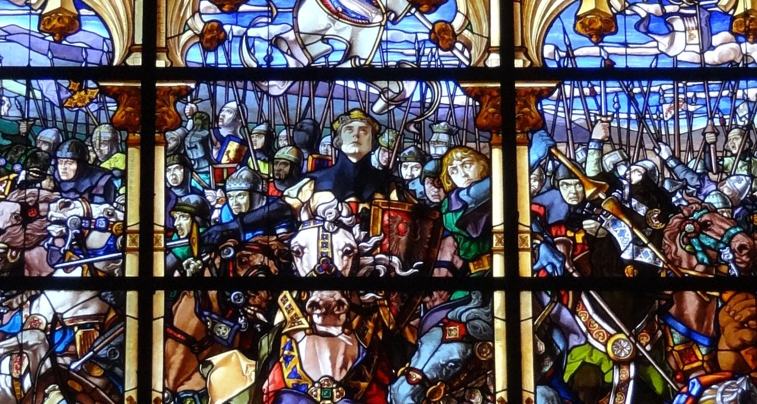 This set of stained glass windows is found in the Real Colegiata de Santa María in Roncesvalles. It depicts Roland and his men in battle. The work was completed in 1909 by Jose Maumejean. See the full display here.