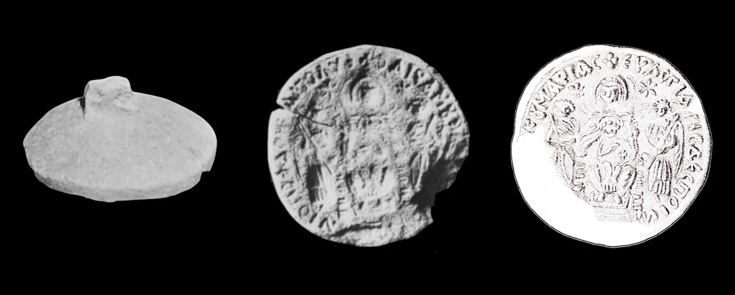 While the small artifact pictured here does not present the magoi, it demonstrates an extremely rare find. This is a token stamp discovered at Khirbet Deir Dusawi. It is connected with the Church of St Sergius in Gaza.Visible on the left is the back of the stamp. The nub functions a handle. Visible in the center is the negative image and visible on the right is an artist’s presentation of the positive. For discussion, see L. Y. Rahmani, “A Eulogia Stamp from the Gaza Region” in Israel Exploration Journal 20 1/2 (1970): 105-108.