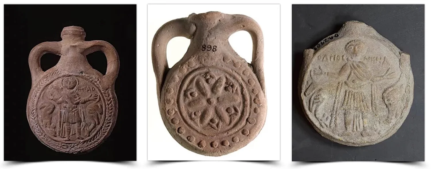 Examples of terra-cotta ampullae. These flat, small (3-4 inches in diameter) vessels are mold-made with decorated faces. The regular appearance of St Menas with arms outstretched on a central medallion (far left, far right) has given these vessels the nickname “Menas flasks.” For more on St Menas see here. These examples are part of the collection of the British Museum (see here , accessed 12/23/2018). All three of these examples date to the Byzantine period and were purchased by collectors in Lower Egypt.