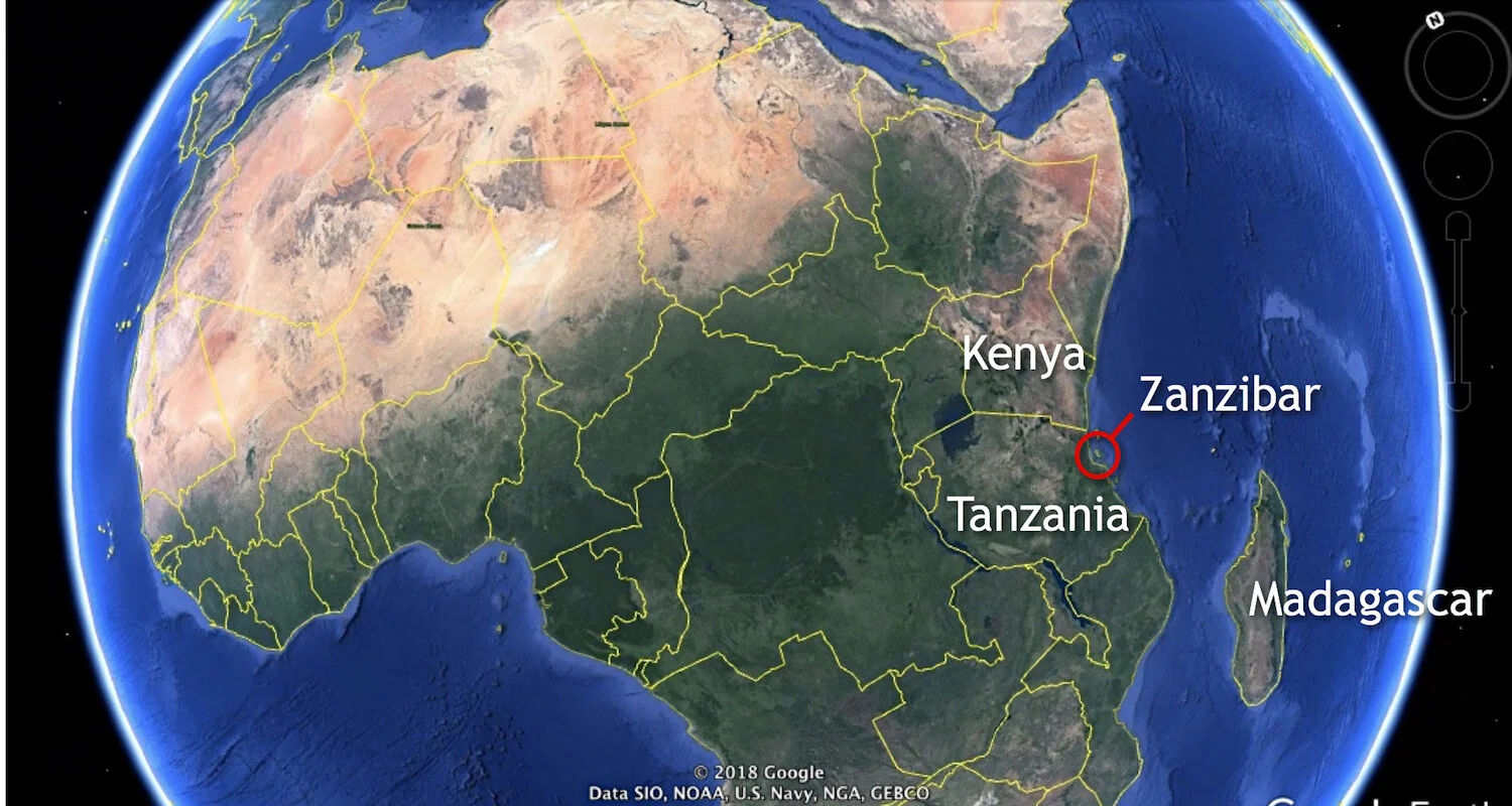 Tanzania and Kenya are part of a constellation of East African countries. Zanzibar is an island off the coast of Tanzania. Image courtesy of Google Earth.