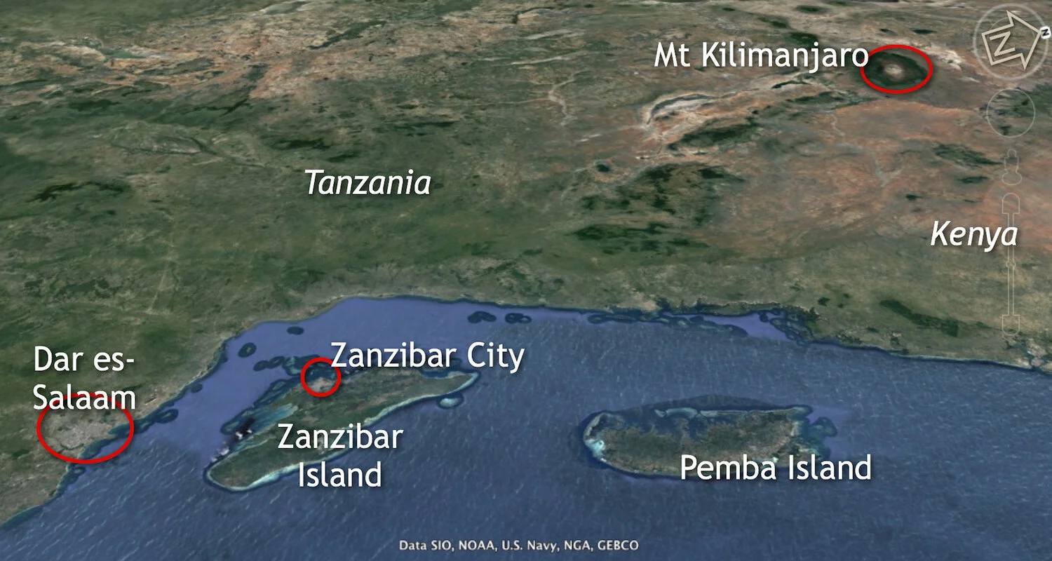 The Swahili Coast includes the islands of Zanzibar and Pemba. Image courtesy of Google Earth.