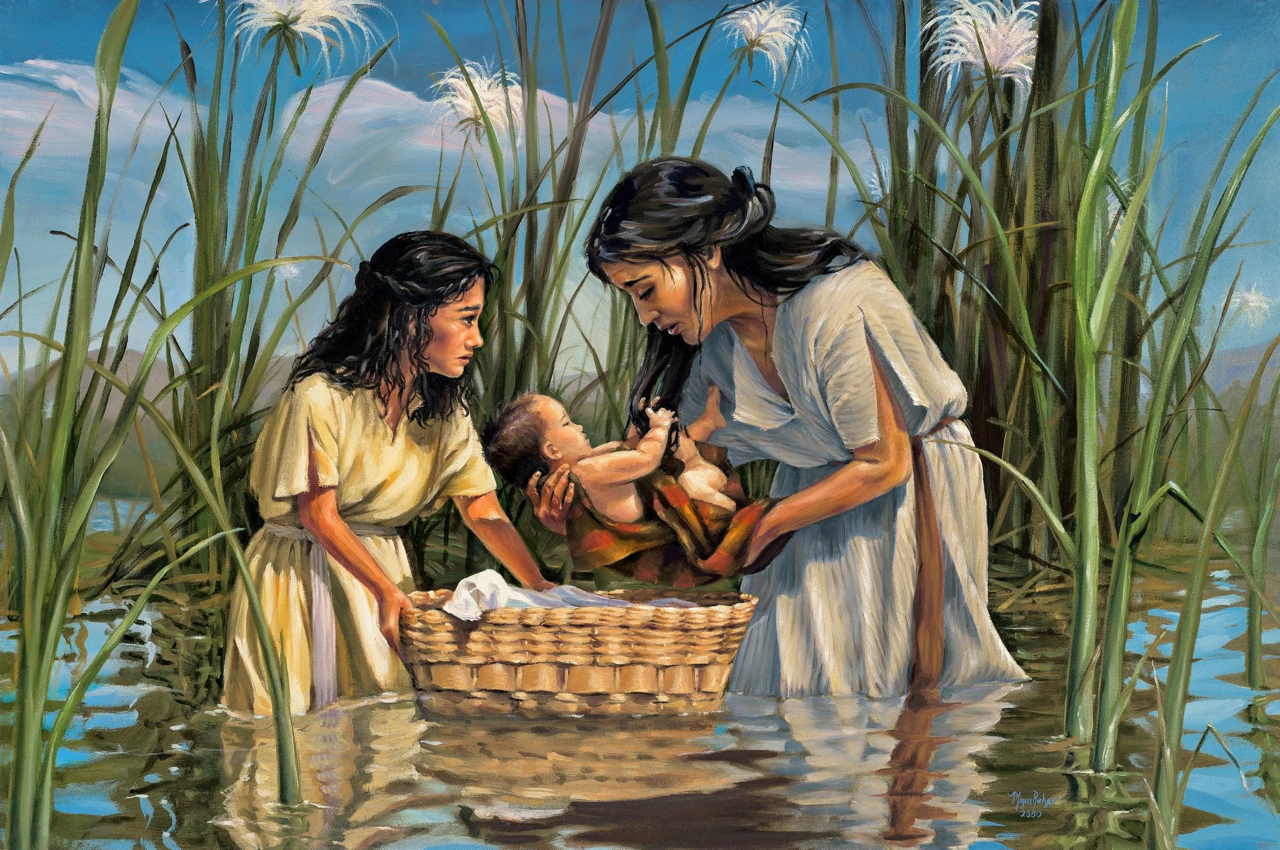 Moses’ mother, miriam, placing him in a basket in the river nile to protect him from pharoah.