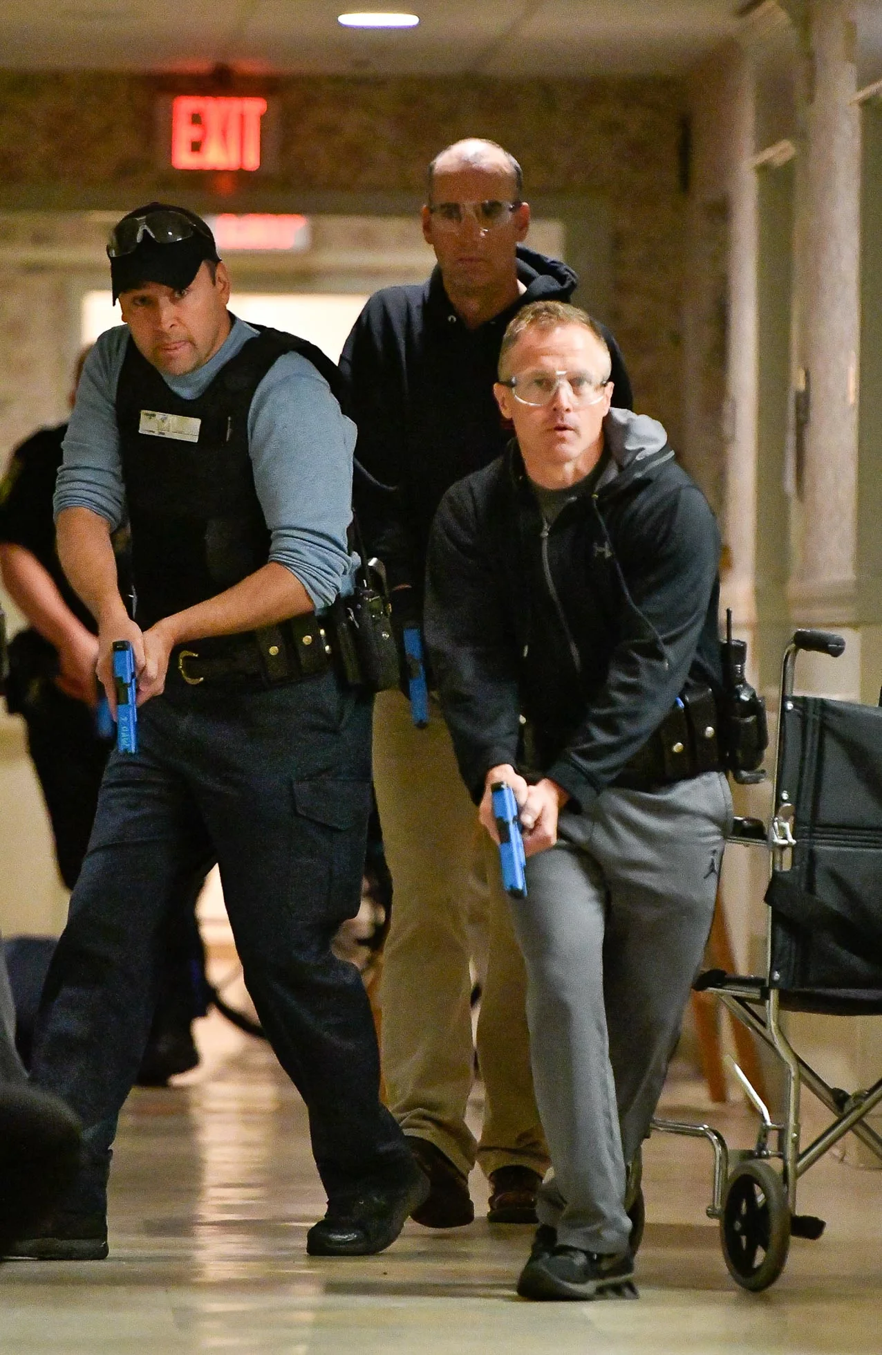 3rd, General News Photo Melrose Police Sgt. Josh Crowley, Patrolman Brian Ladner and Sgt. Dave Mackey take part in an active shooter drill inside Wingate at Melrose on Friday, May 12, 2017.