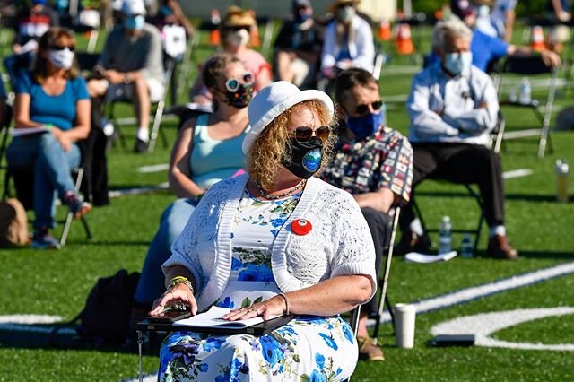 Community members gather on the North Andover High School football field for the first ever town meeting held outdoors in order to abide by social distancing guidelines on Tuesday, June 16, 2020. [Wicked Local Staff Photos / David Sokol]

#wickedloca