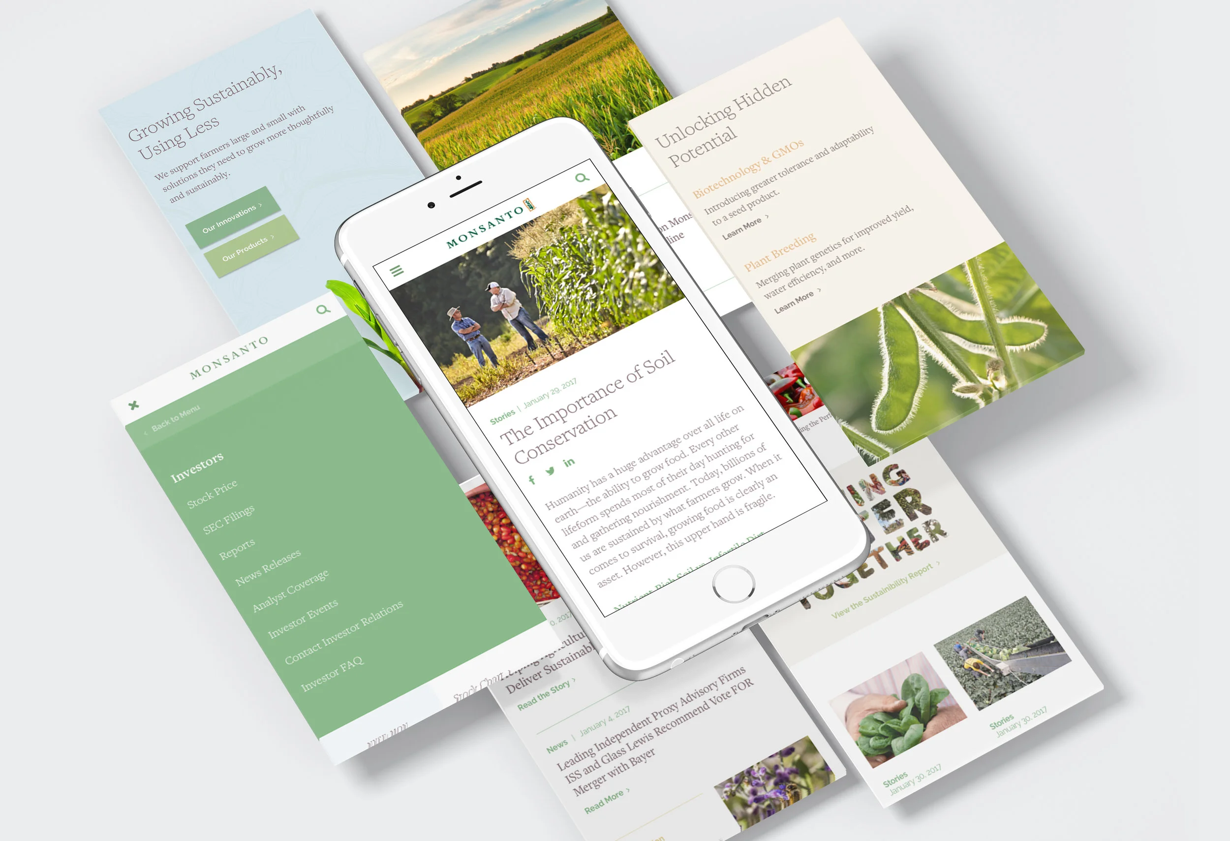 Image-rich design allows Monsanto to prominently feature their initiatives and people.