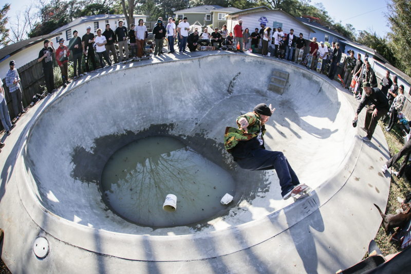 Chet finds his trucks on the coping.