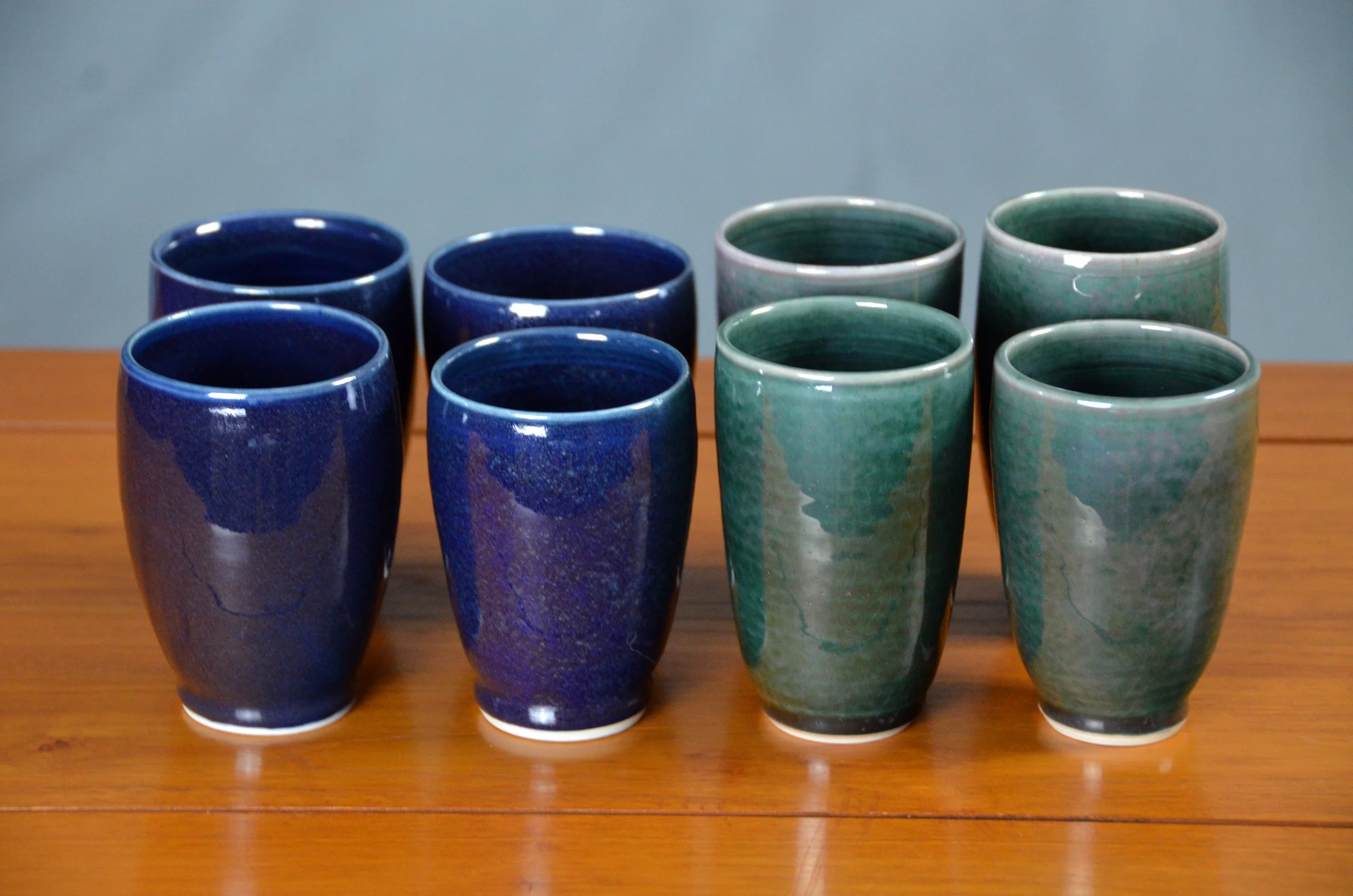 Porcelain Blue and Green Handless Cup Set | Hand thrown porcelain on a potter's wheel. High Fired, Cone 10, Flambe Blue & Copper Teal Glazes, Hand Trimmed, Ceramic | Caldwell Pottery