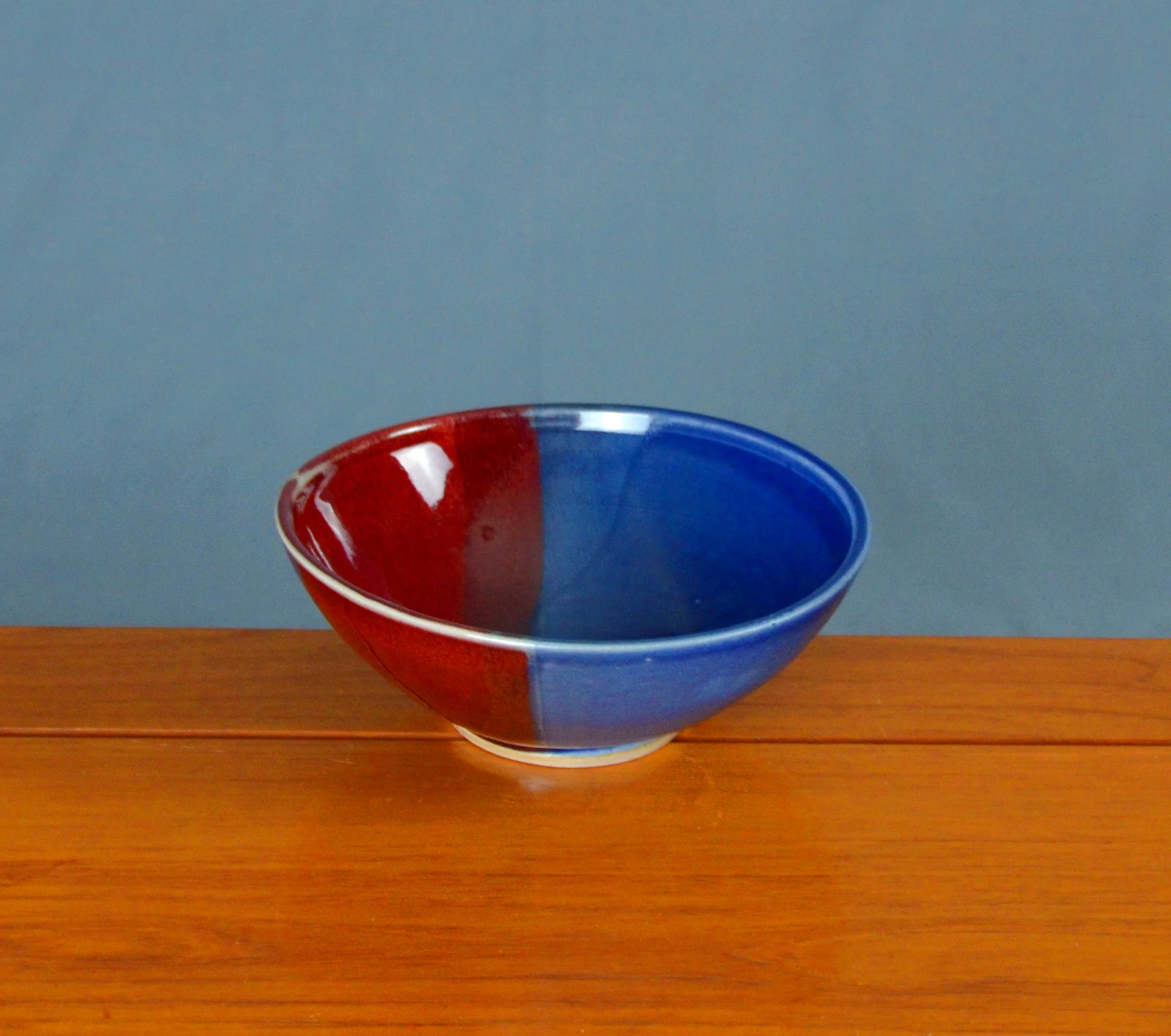 Porcelain Red & Blue Japanese Bowl | Hand thrown porcelain on a potter's wheel. High Fired, Cone 10, Vegas Red & Flambe Blue Glazes, Hand Trimmed, Ceramic | Caldwell Pottery