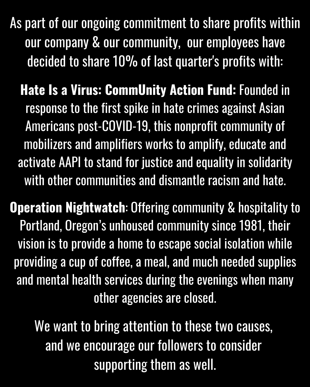 Ear Trumpet Labs Employees Commit 10% of Quarterly Profits to Hate is a Virus and Operation Nightwatch